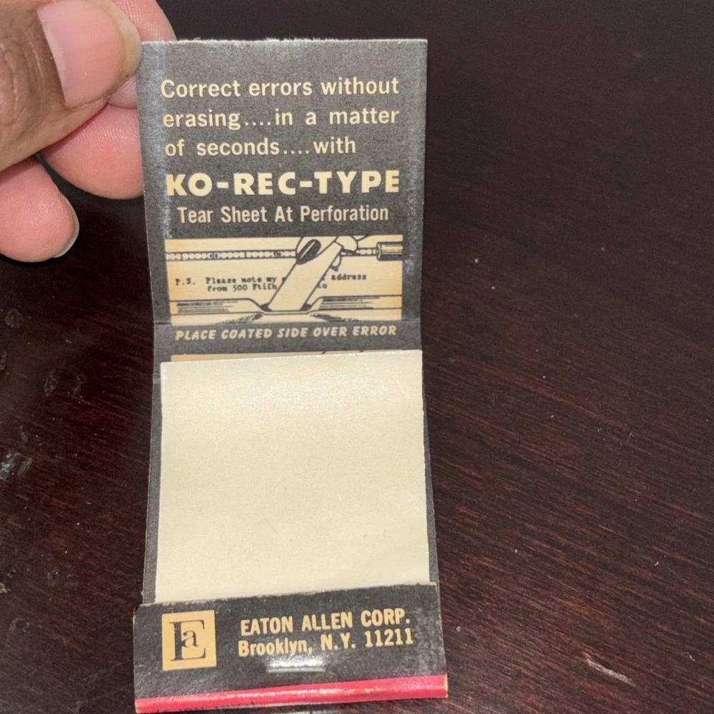 Rare Vintage Matchbook Ko Rec Type Eaton Typewriter Correction Paper Brooklyn NY